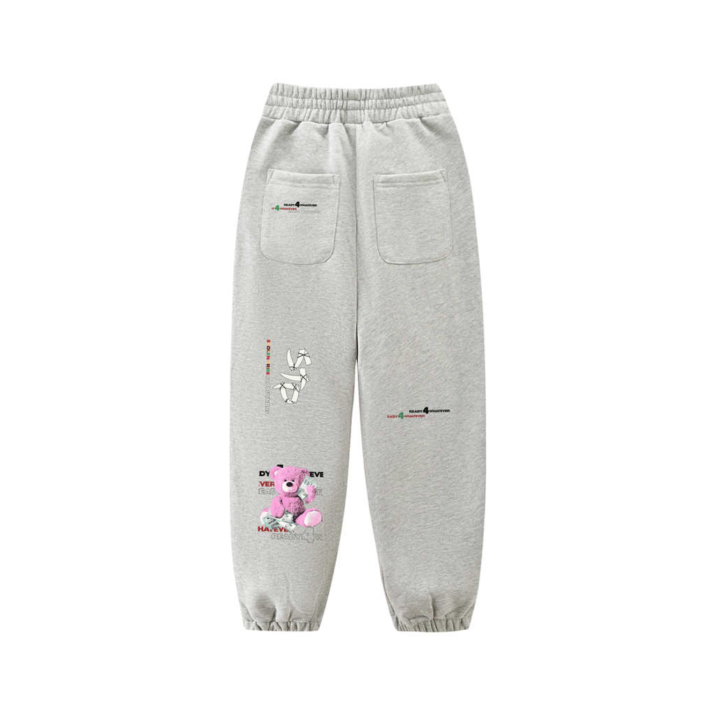 Gray sweatpants with cartoon character and text on a white background