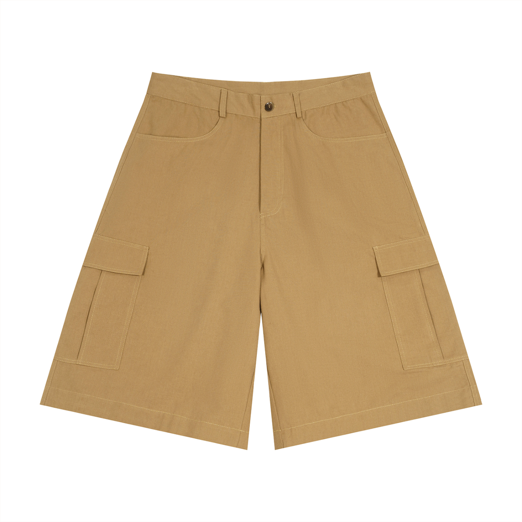 Tan cargo shorts on a white background