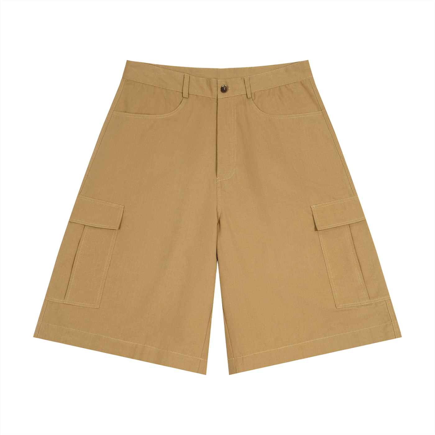 Tan cargo shorts on a white background