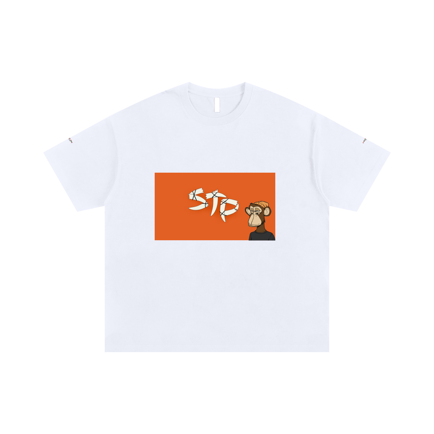 White t-shirt with an orange rectangle featuring a logo and text on a white background