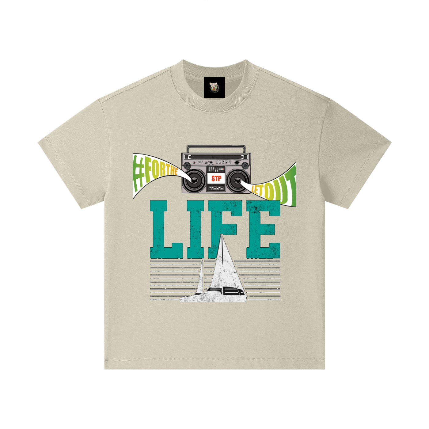 Beige t-shirt with graphic design featuring a cassette tape, sailboat, and text on a white background