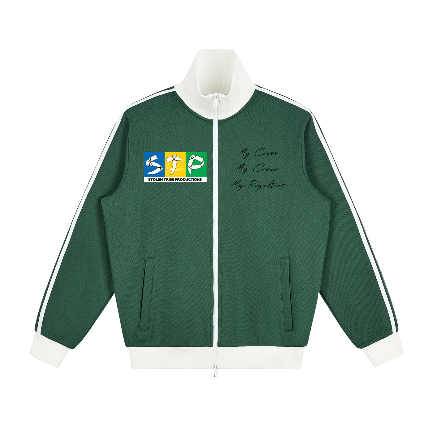 Green jacket with white accents and logo on a white background