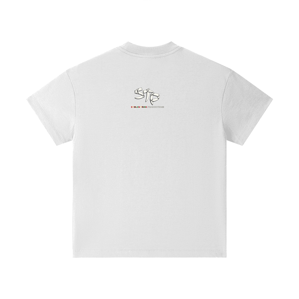 White t-shirt with a small logo on the back against a white background