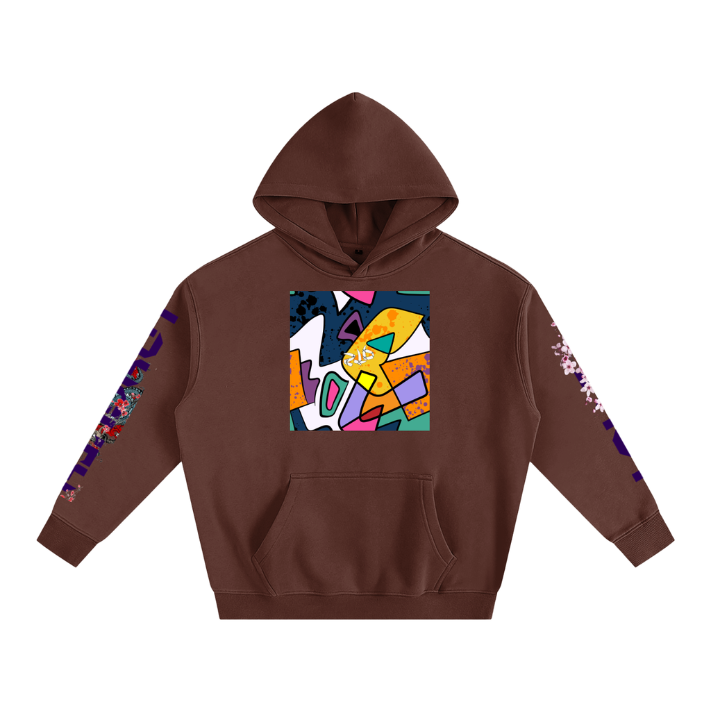 Brown hoodie with colorful abstract design on a white background