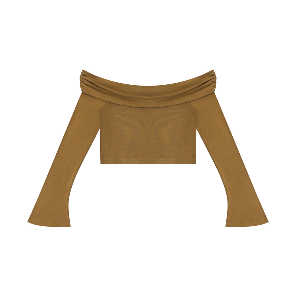 Mustard yellow off-shoulder top on a white background