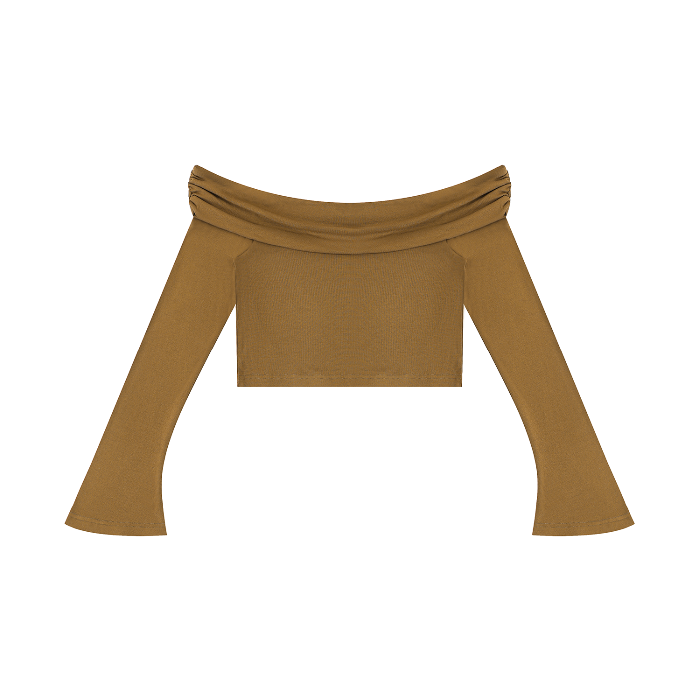 Mustard yellow off-shoulder top on a white background