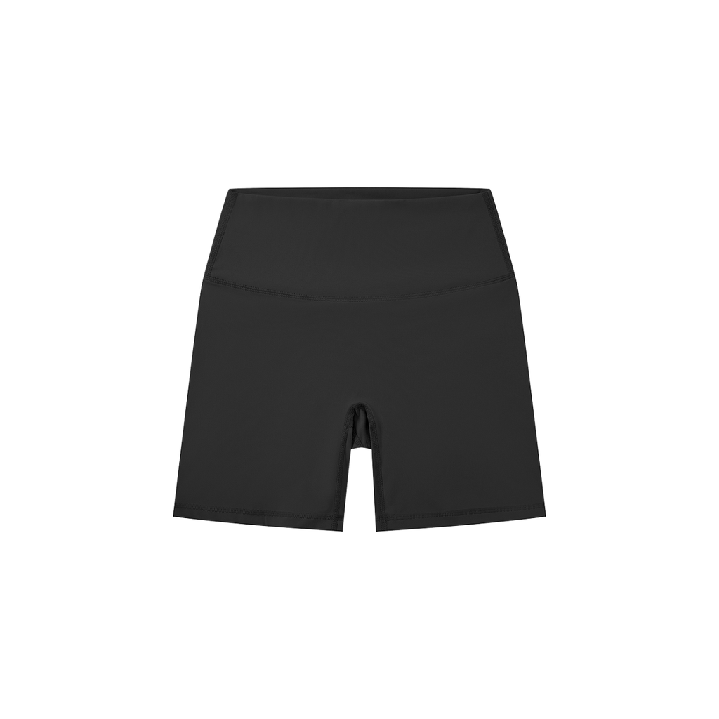 Black shorts with a drawstring on a light gray background