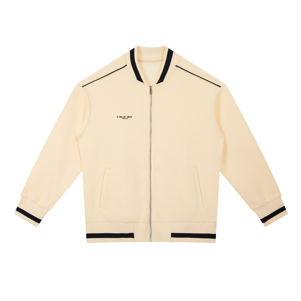 Beige jacket with black accents on a white background