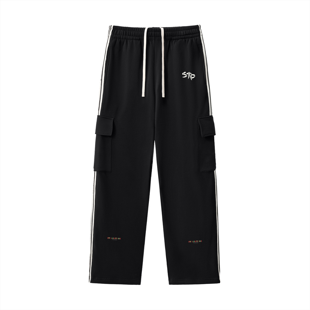 Black cargo pants with white stripes on a white background