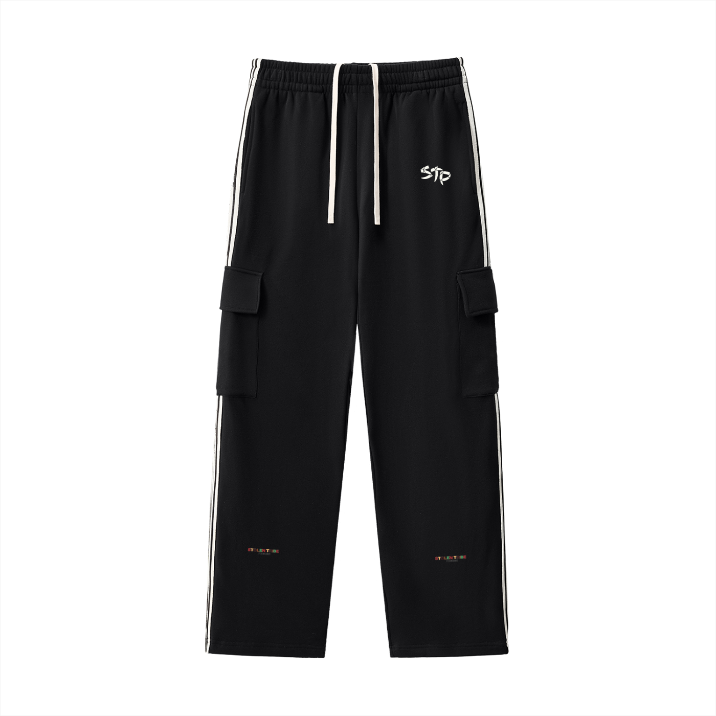 Black cargo pants with white stripes on a white background