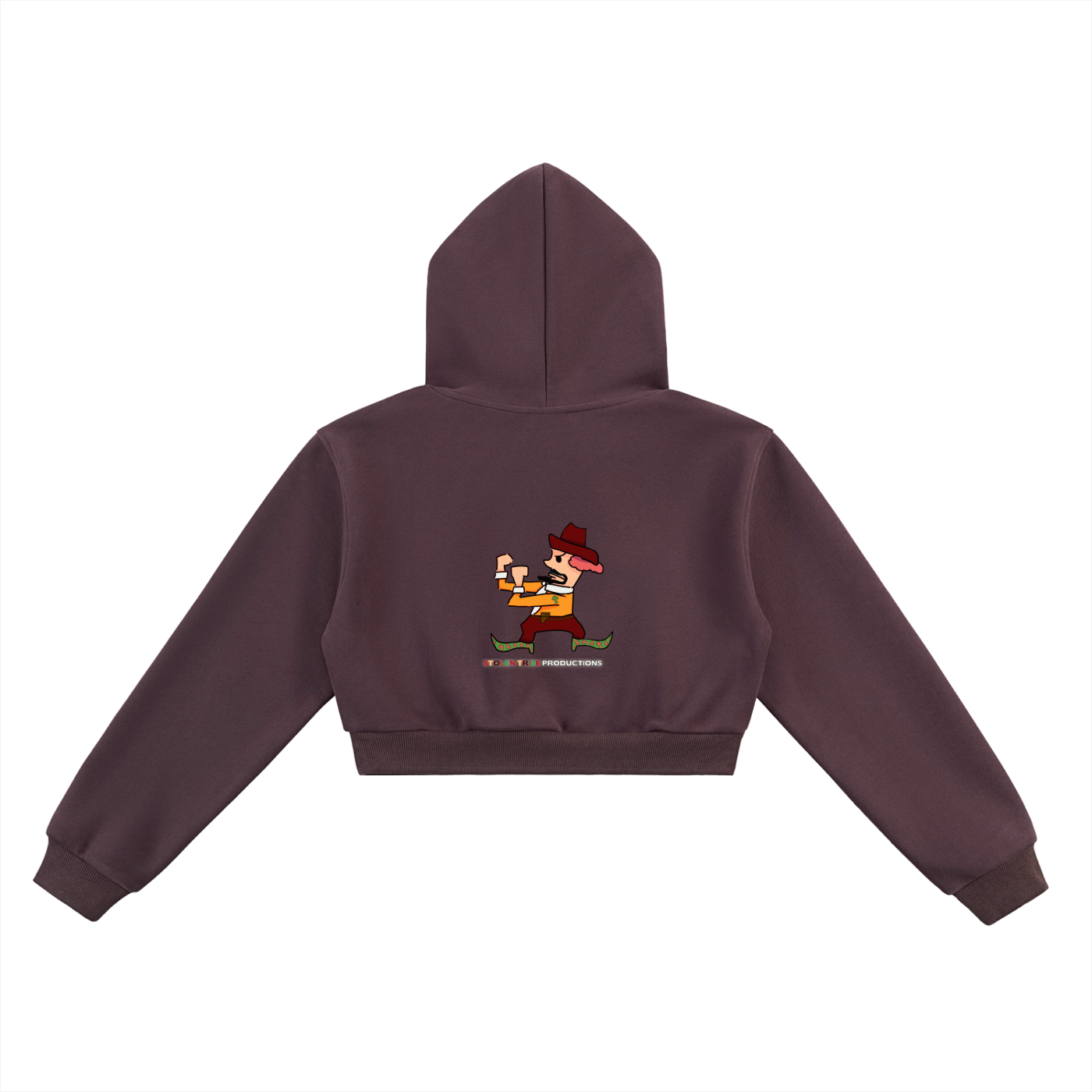 Brown hoodie with a cartoon character on the back against a white background