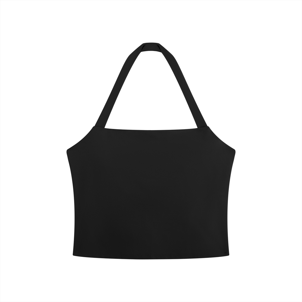 Black crop top with thin straps on a white background