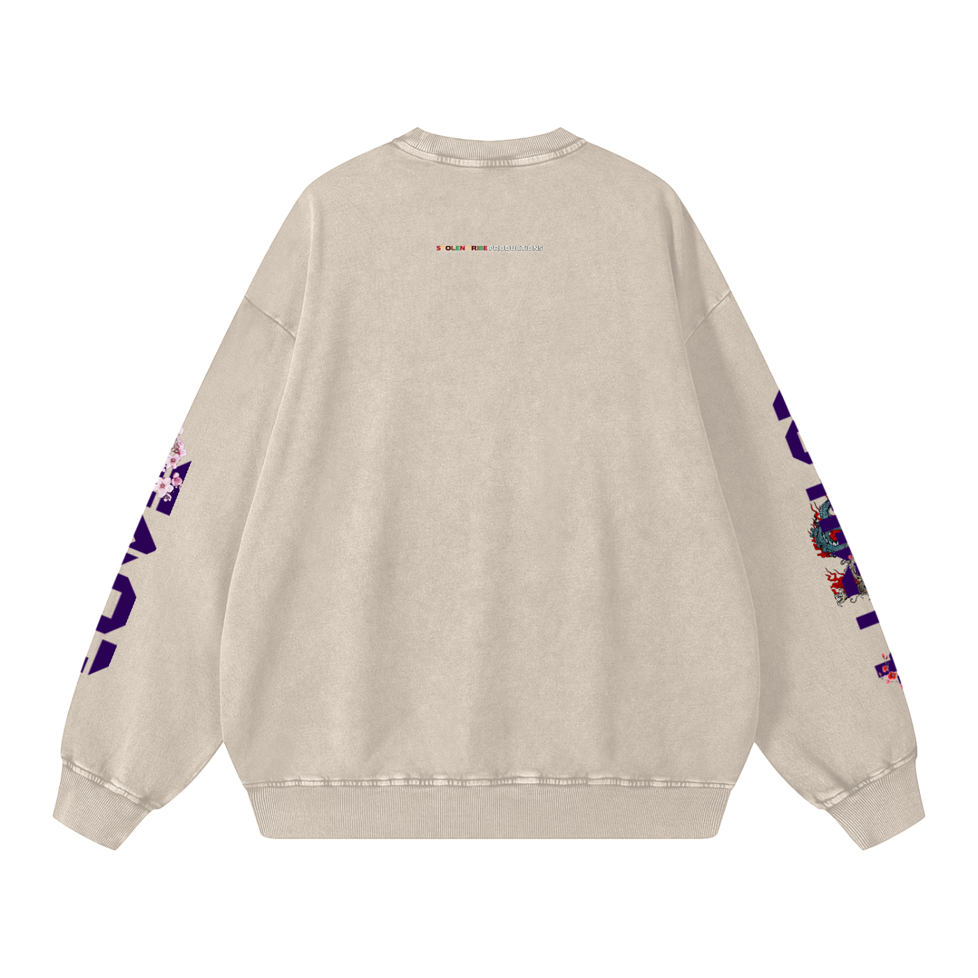 Beige sweatshirt with colorful designs on sleeves against a white background