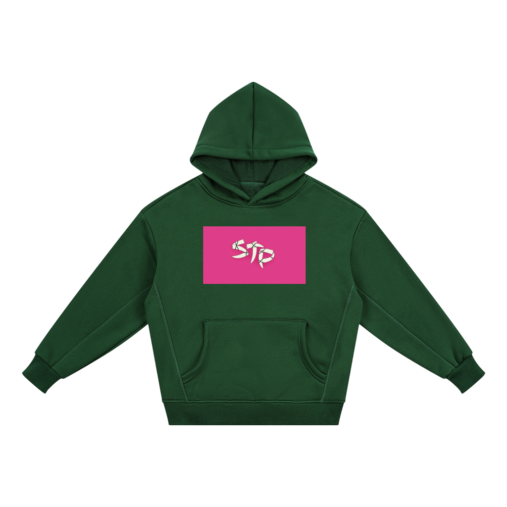 Green hoodie with a pink STP logo on a white background