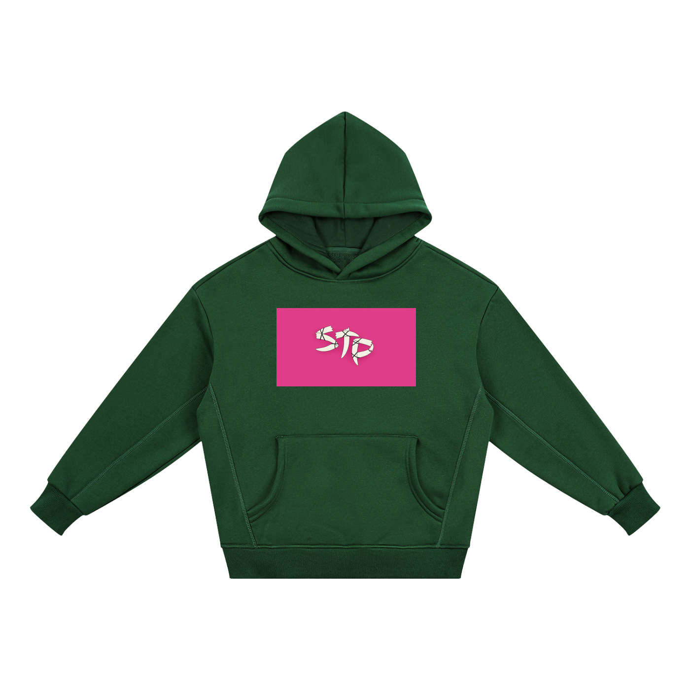 Green hoodie with a pink STP logo on a white background