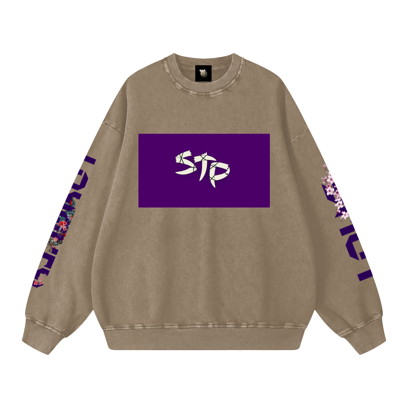 Beige sweatshirt with purple logo and floral designs on sleeves against a white background