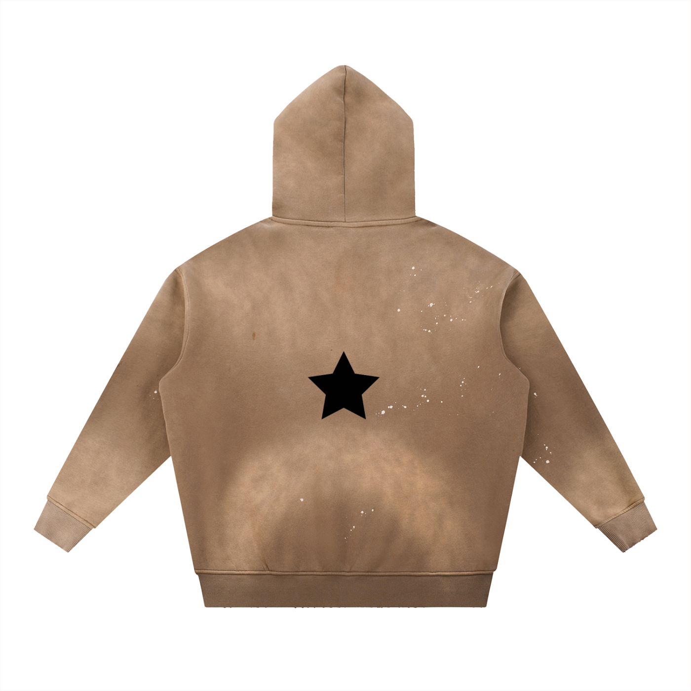 Brown hoodie with a design and text on the back against a white background