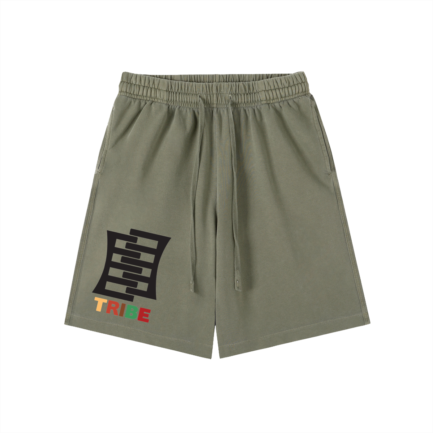 Green shorts with a logo on a white background