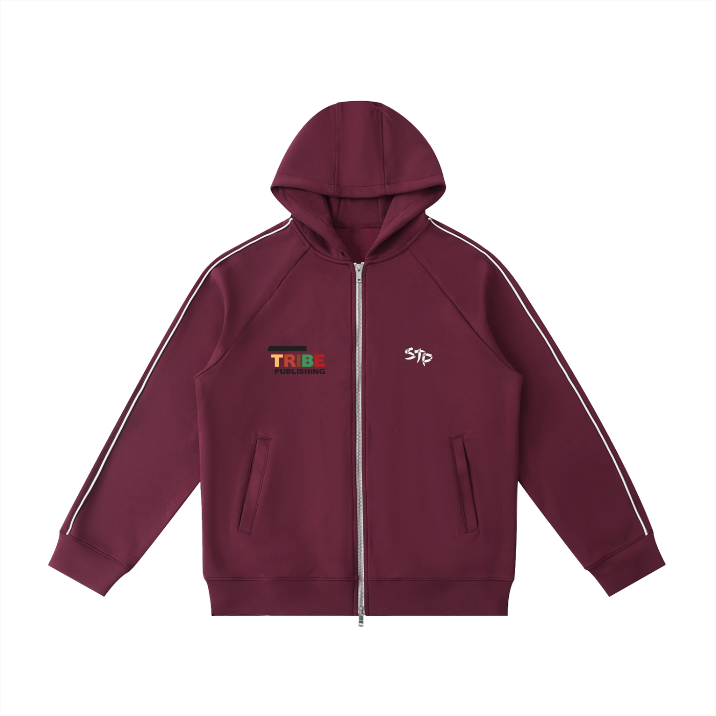 Maroon hoodie with white stripes on sleeves on a white background