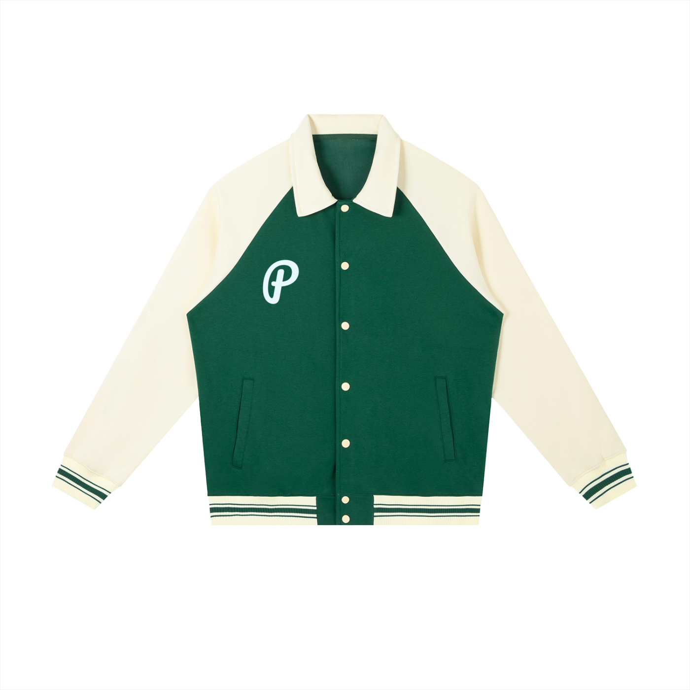 Green and cream varsity jacket with a logo on a white background