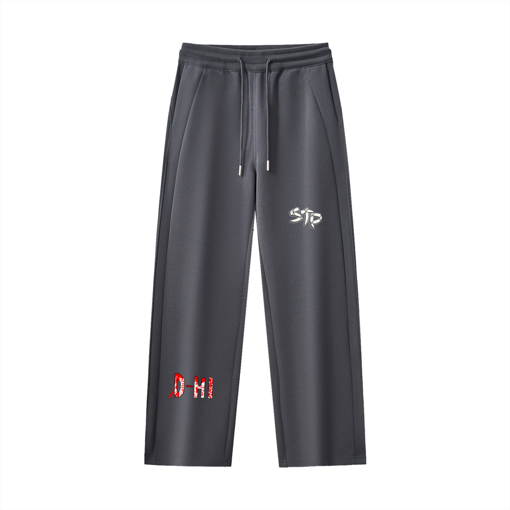 Dark gray pants with logos on a white background
