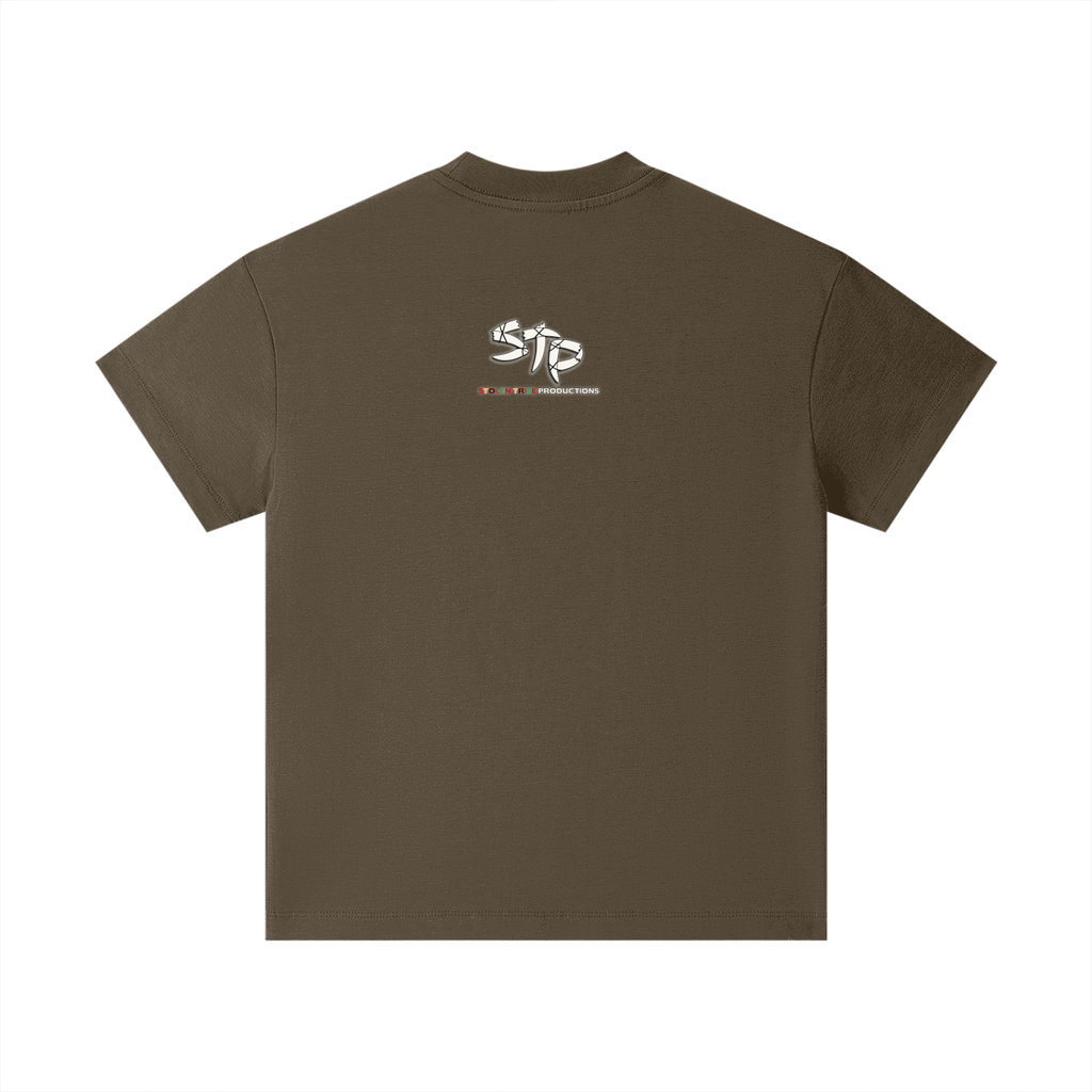 Brown t-shirt with a logo on the back against a white background