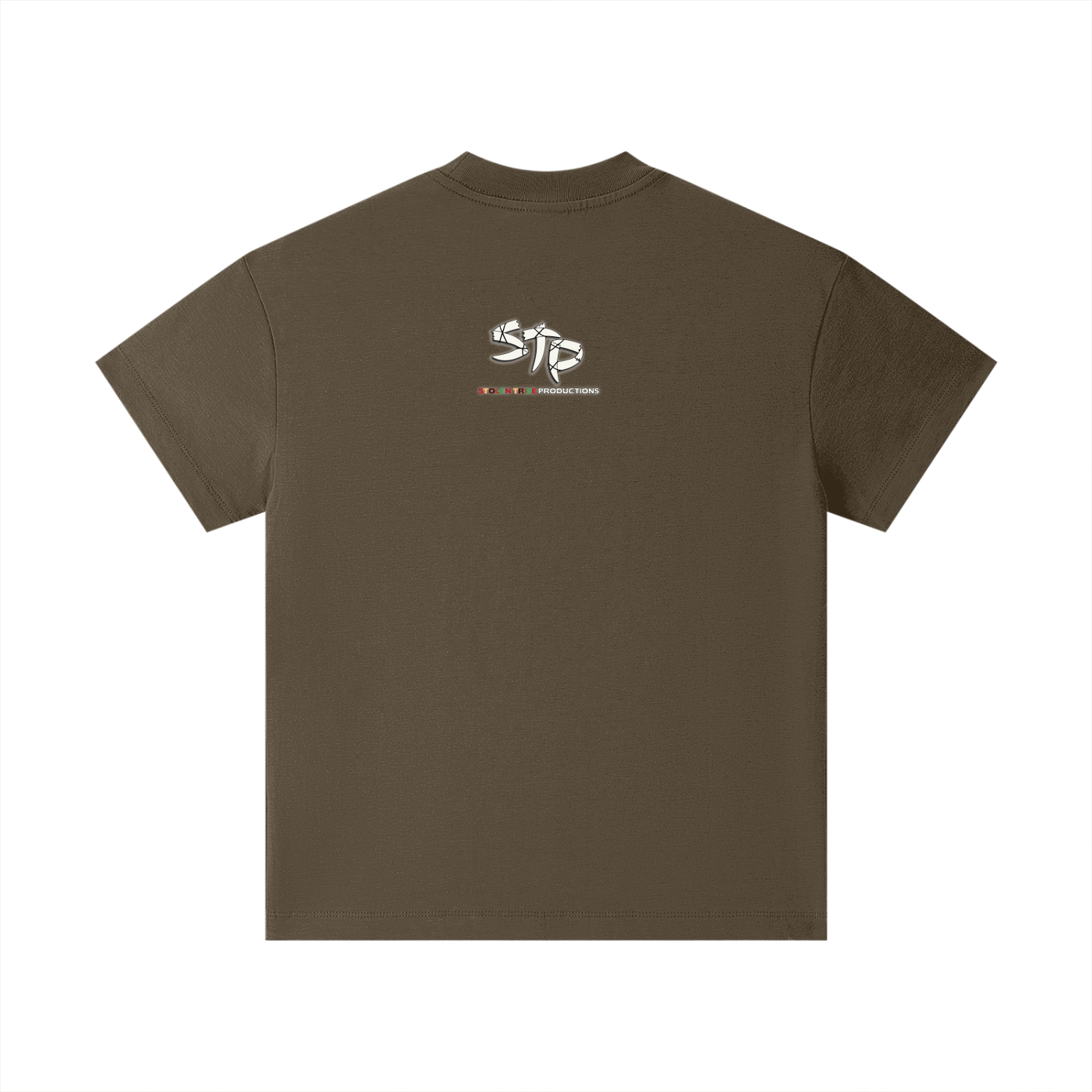 Brown t-shirt with a logo on the back against a white background