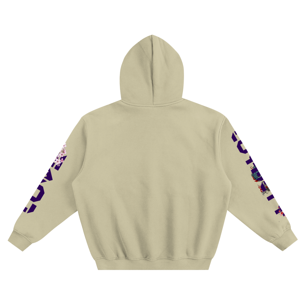 Beige hoodie with colorful designs on sleeves against a white background