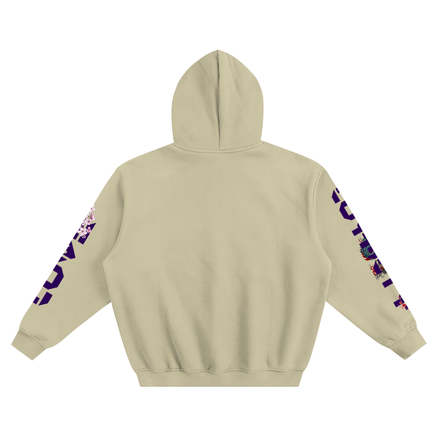 Beige hoodie with colorful designs on sleeves against a white background
