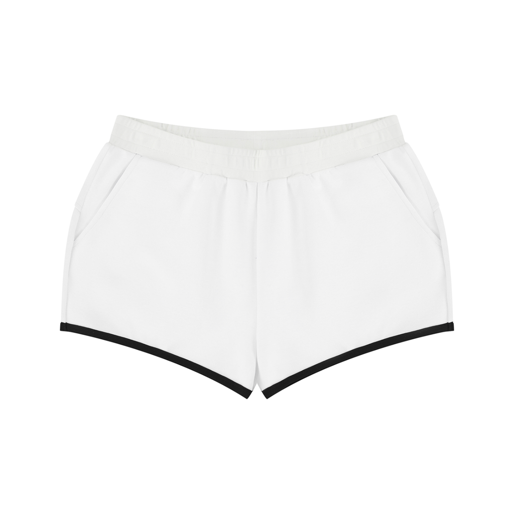 White shorts with black trim on a white background