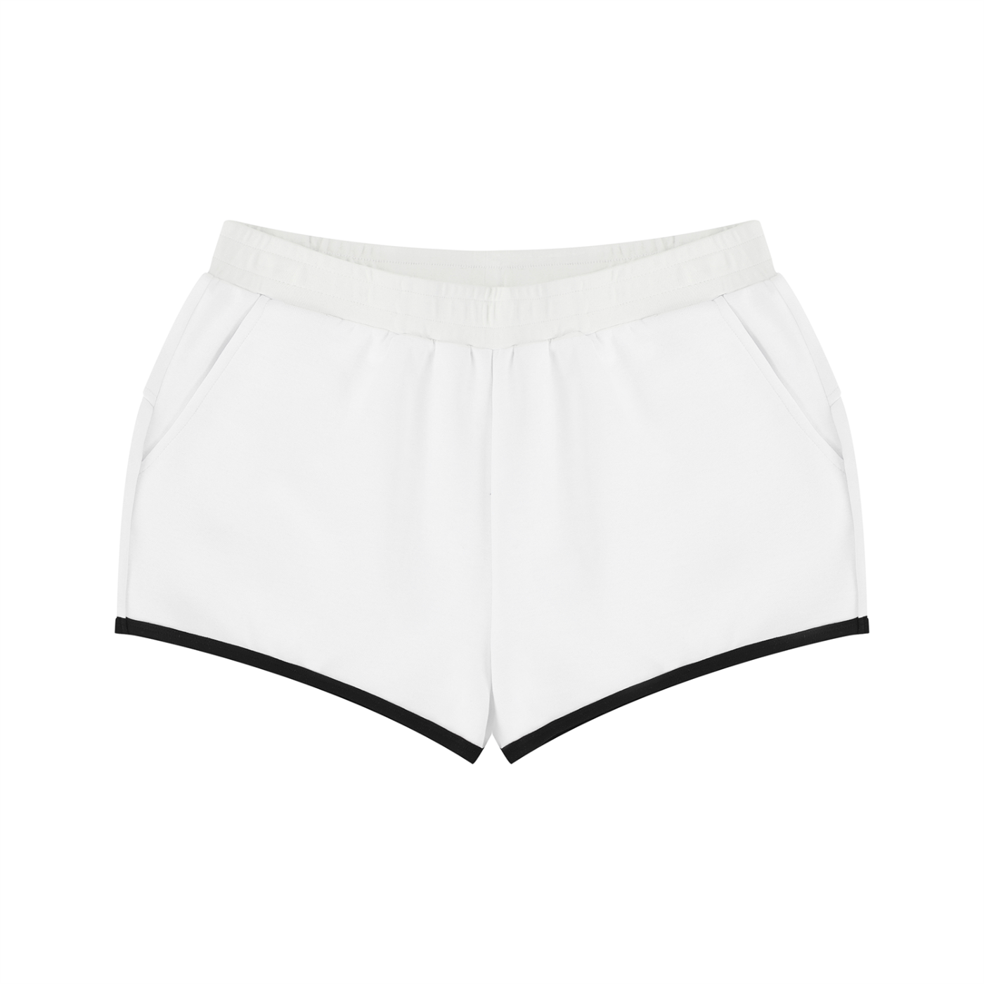 White shorts with black trim on a white background