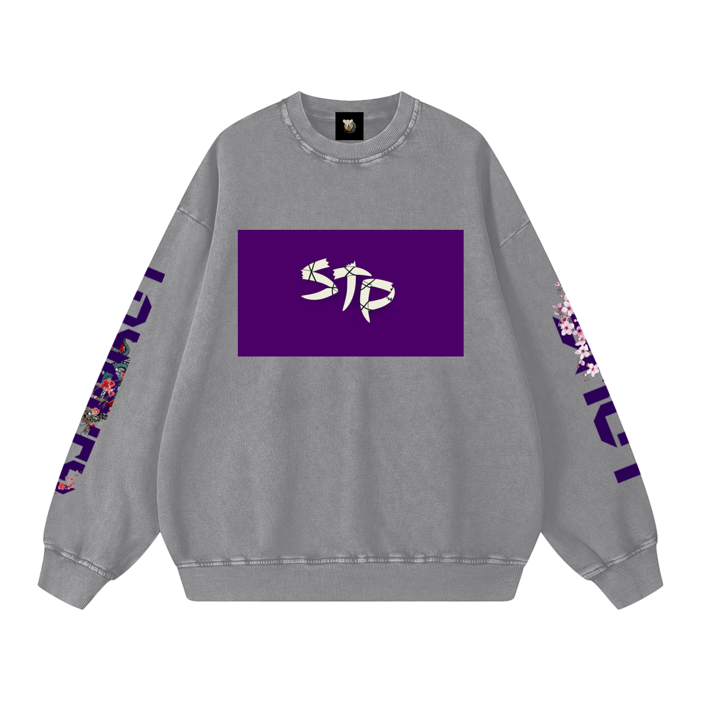 Gray sweatshirt with purple logo and floral designs on sleeves against a white background
