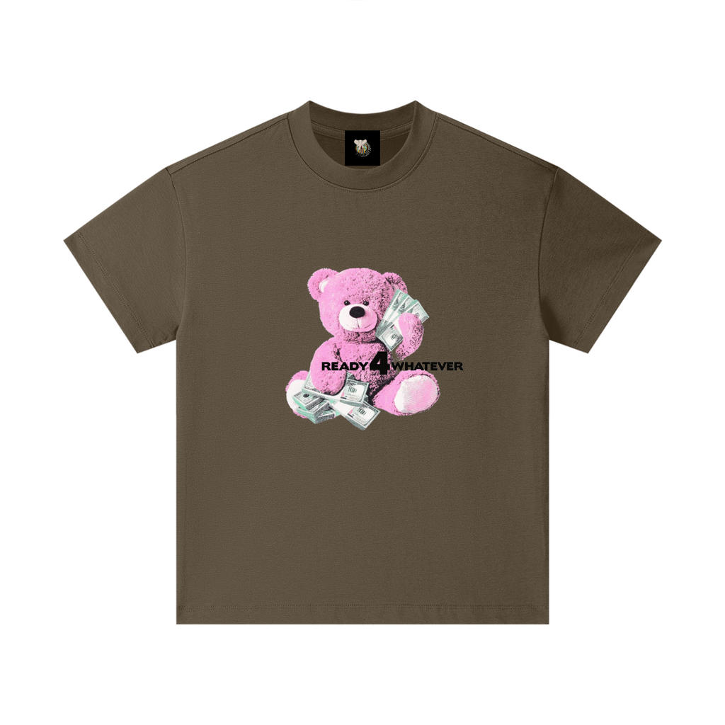 Brown t-shirt with a pink bear graphic and text on a white background