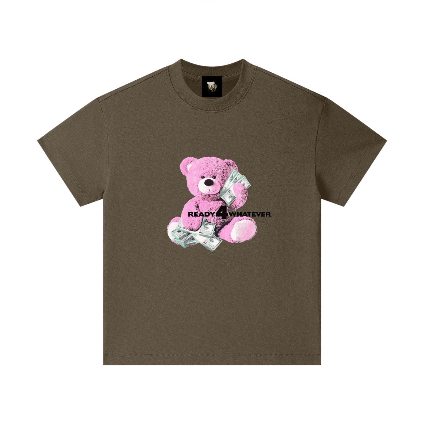 Brown t-shirt with a pink bear graphic and text on a white background