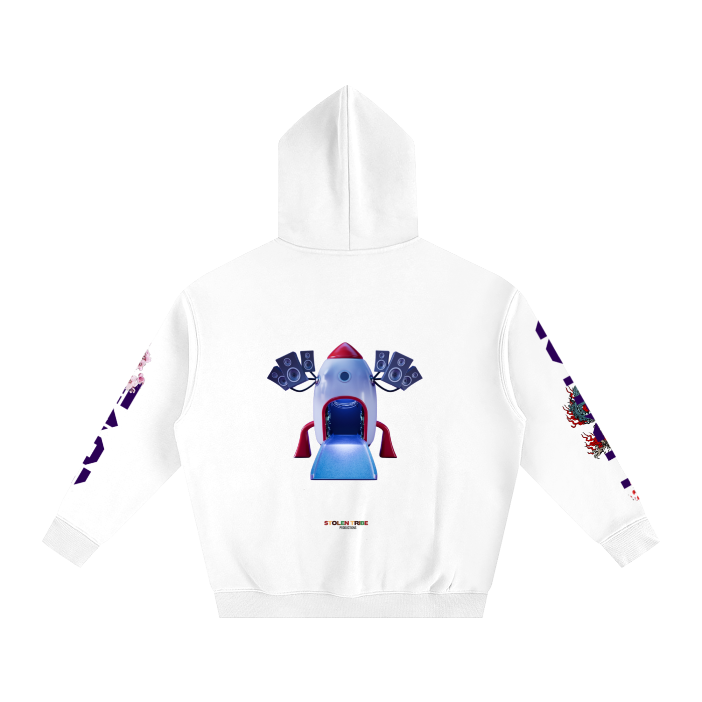 White hoodie with a colorful rocket design on a white background