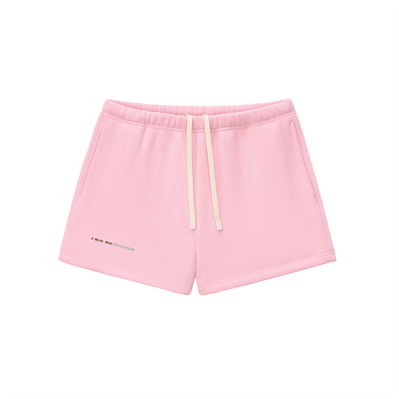 Pink shorts with a drawstring on a white background