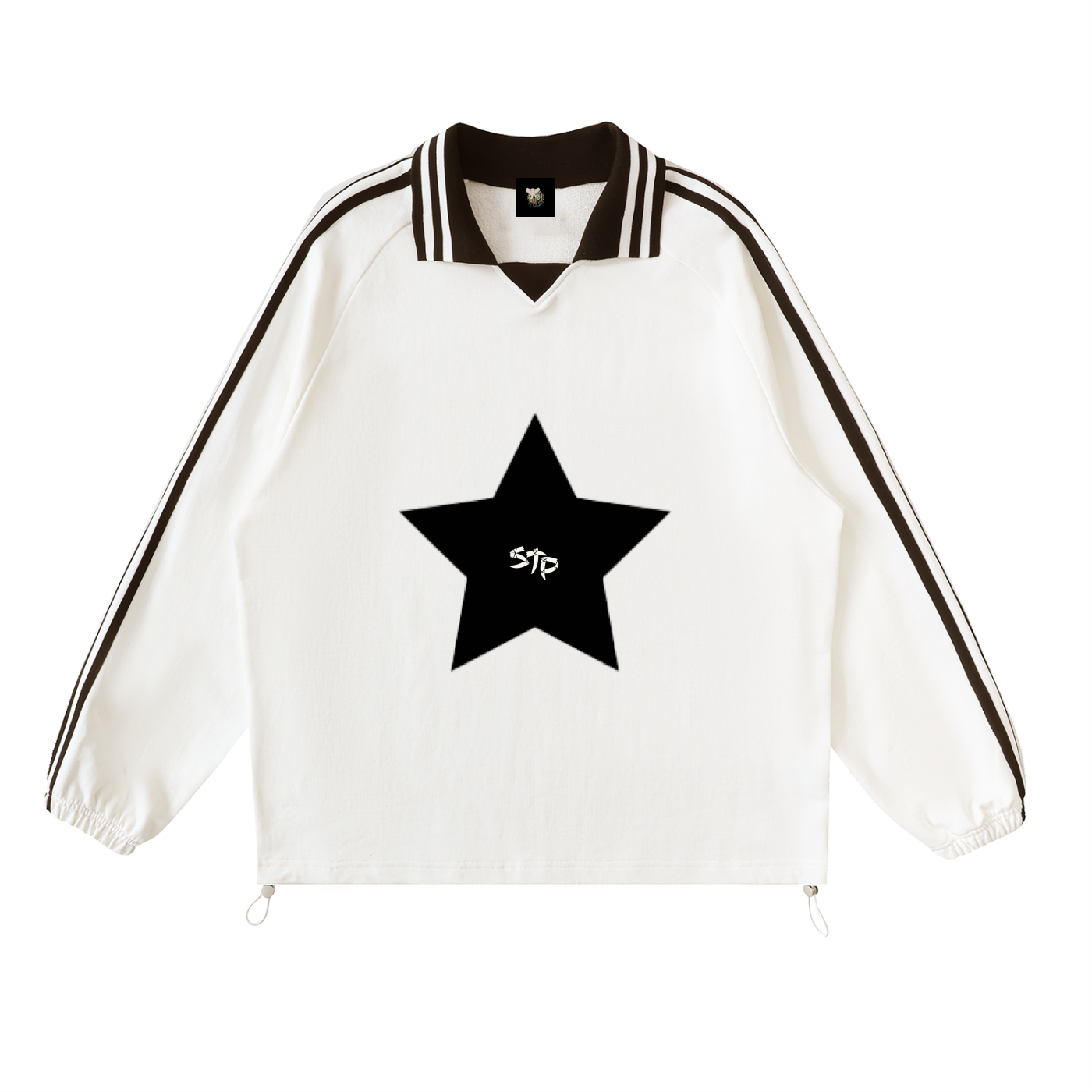 White jacket with black star design and 'STP' logo on a white background