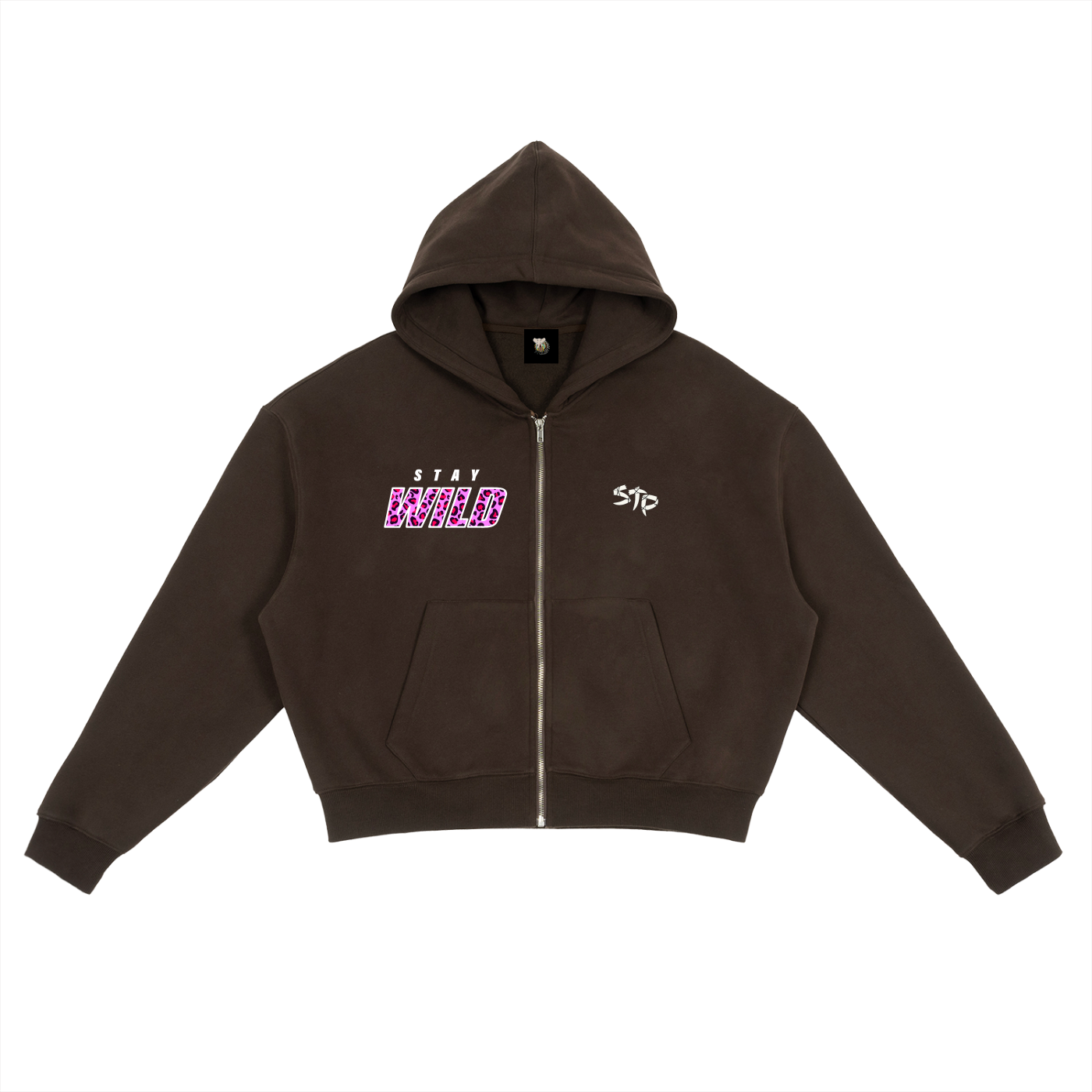 Brown hoodie with text on a white background