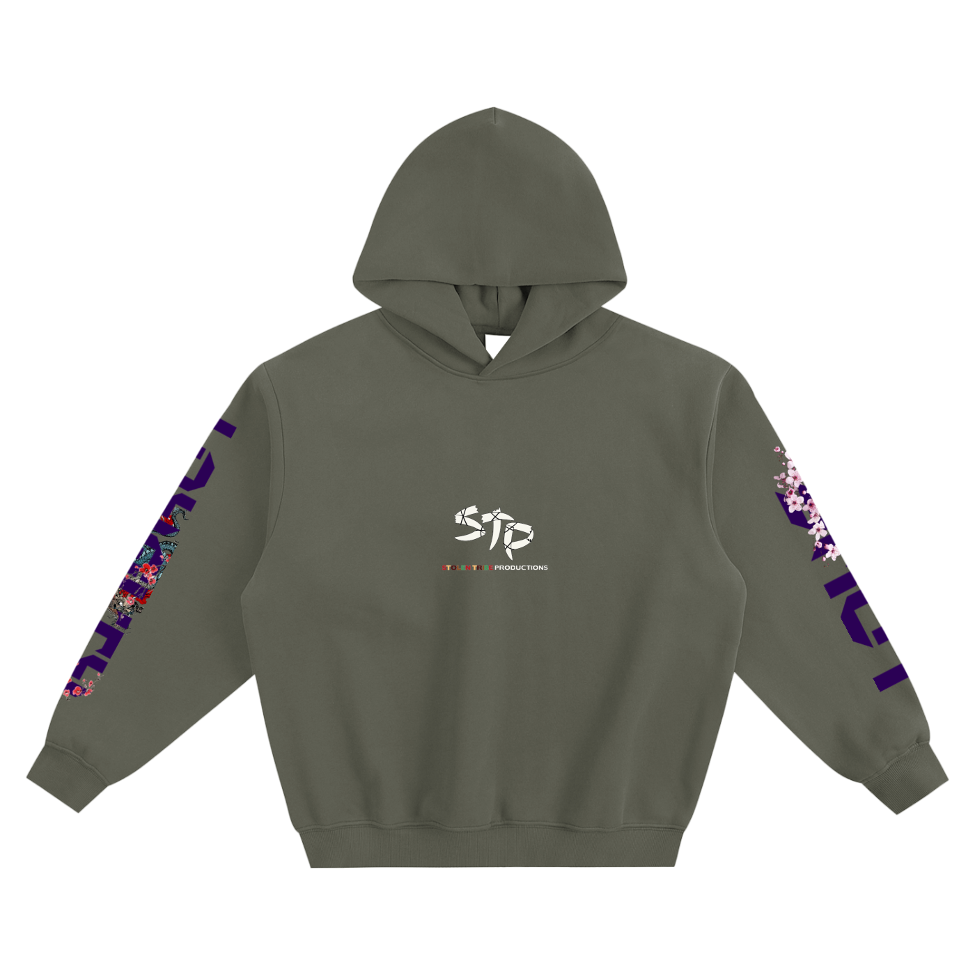 Green hoodie with floral designs on sleeves and 'STP' logo on a white background
