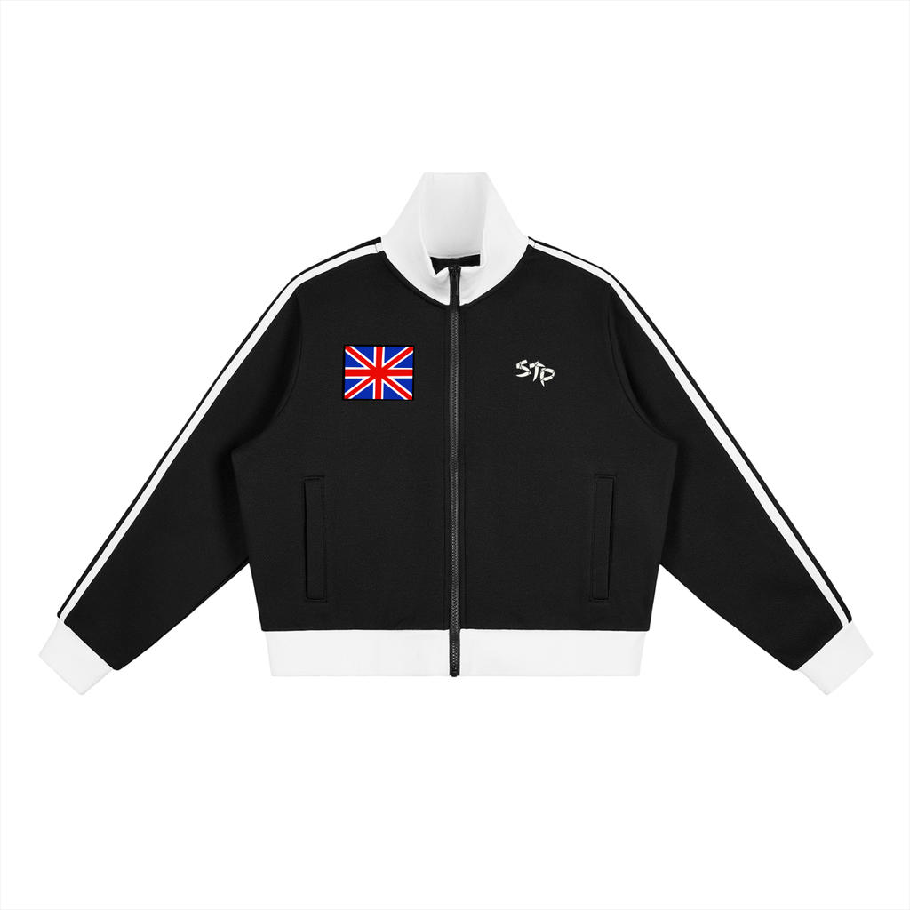 Black jacket with white accents and a British flag patch on a white background