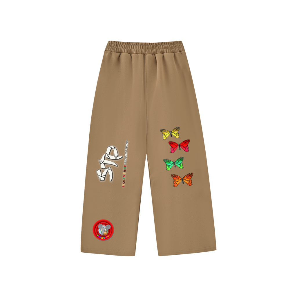 Beige pants with colorful butterfly patches on a white background