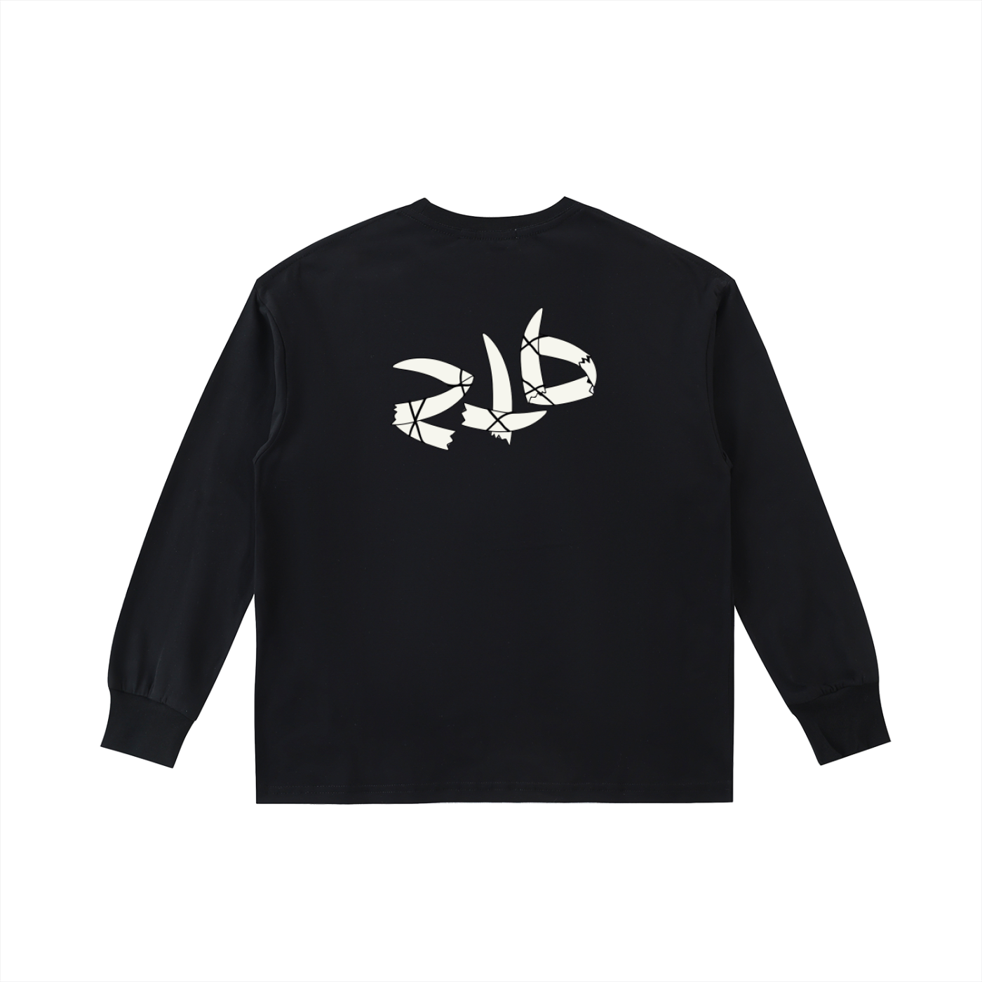 Black long-sleeve shirt with a white logo on the back against a white background