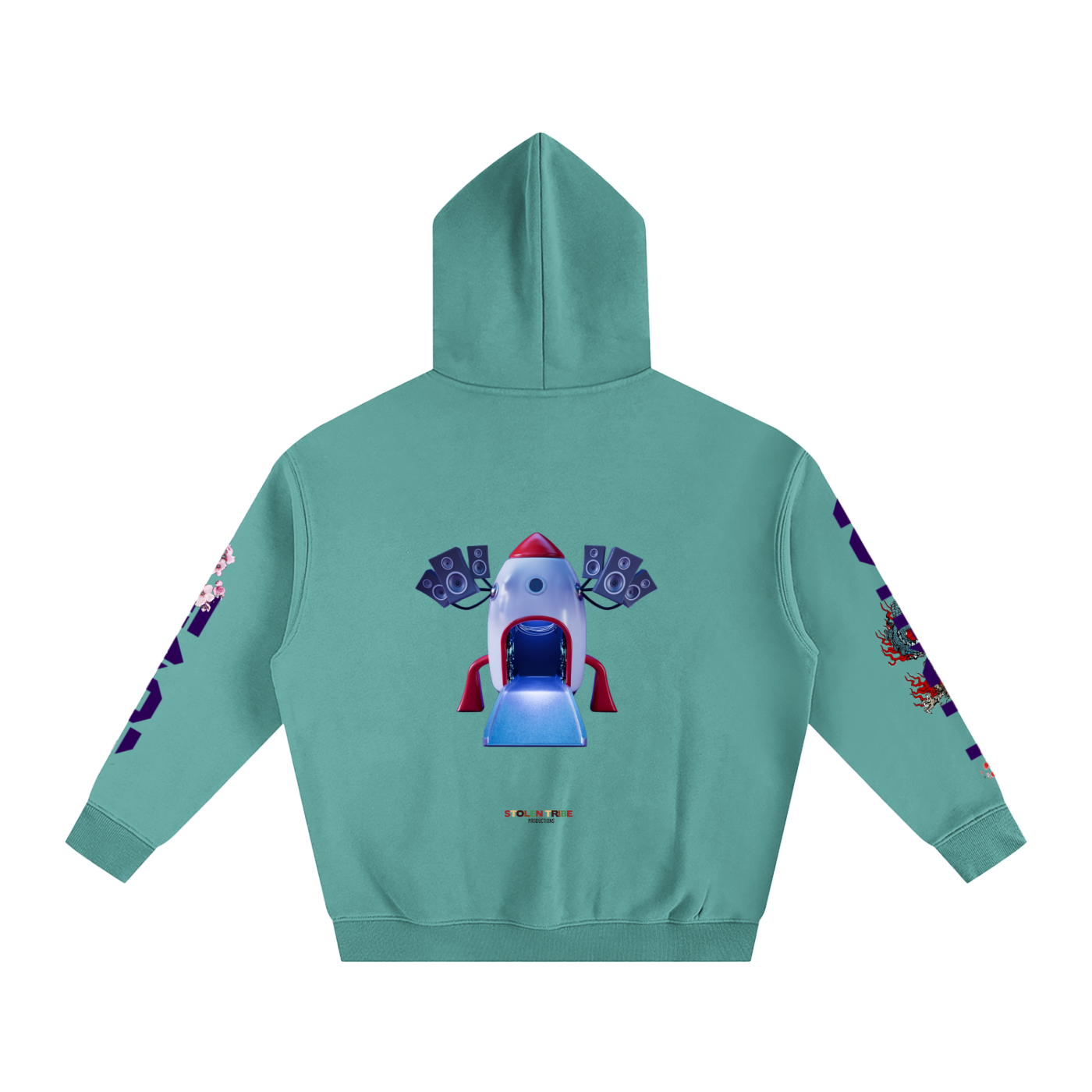 Teal hoodie with a robot graphic on the back against a white background