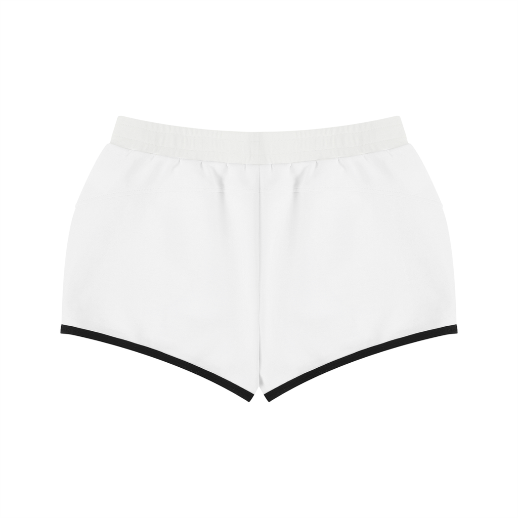 White shorts with black trim on a white background