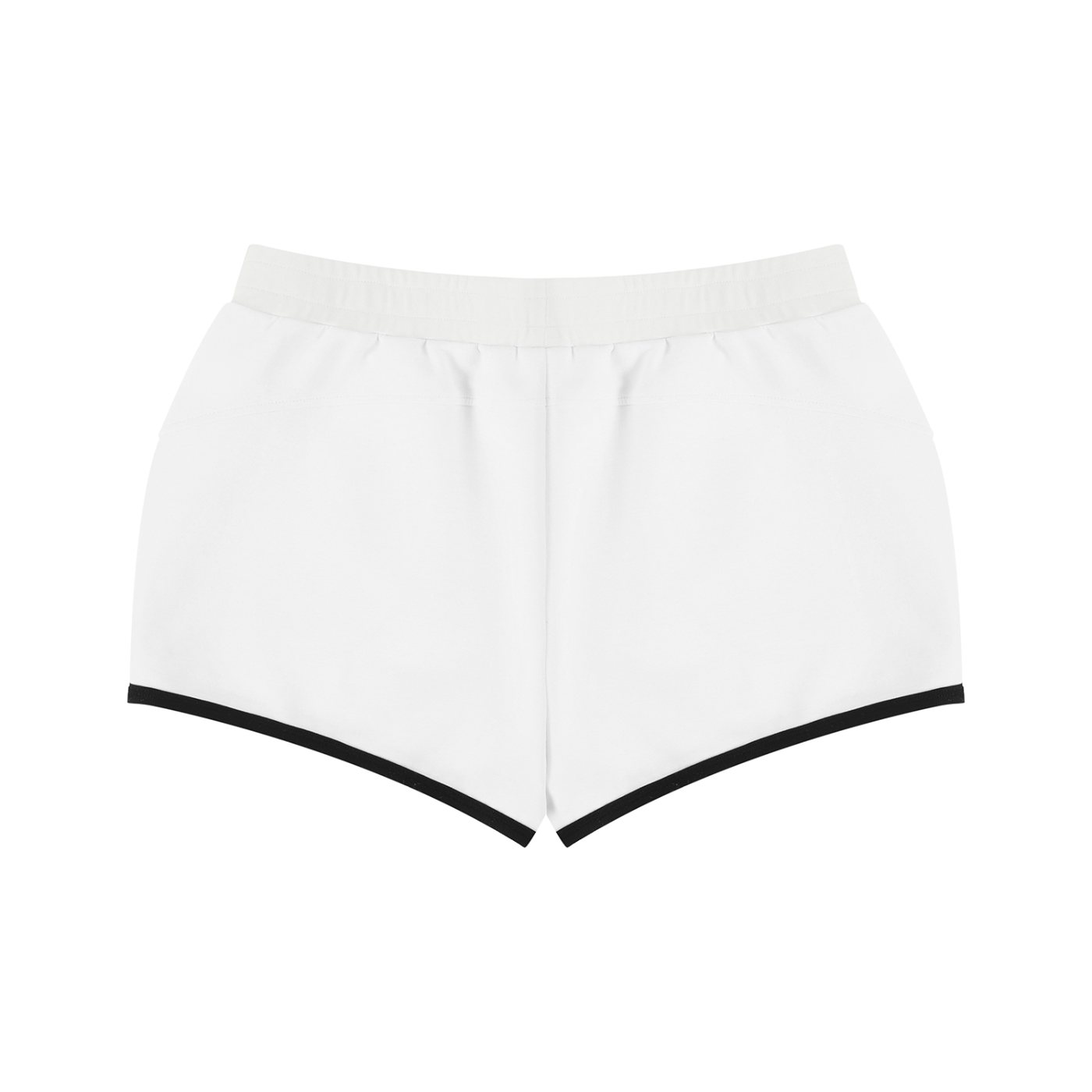 White shorts with black trim on a white background