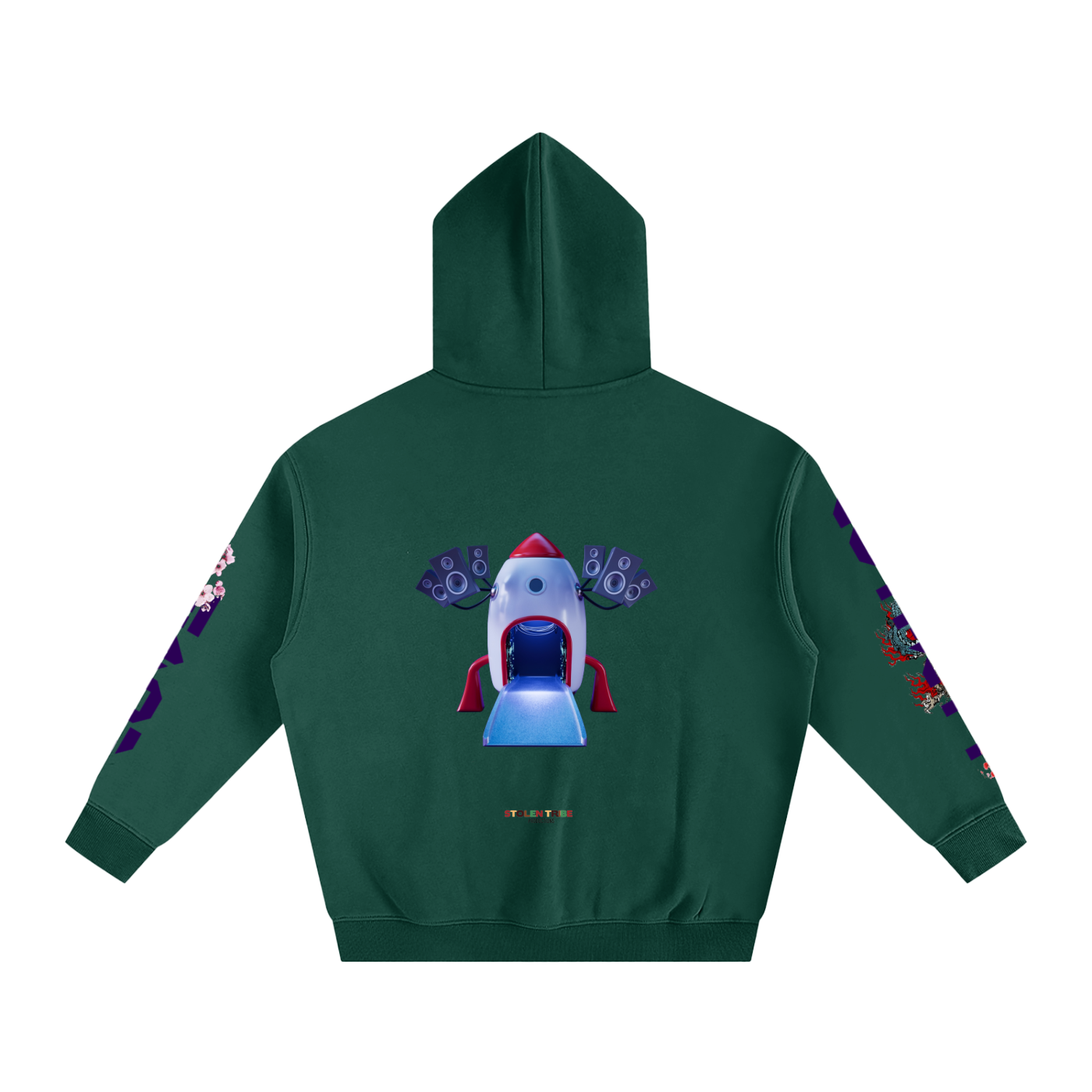Green hoodie with a colorful graphic on the back against a white background