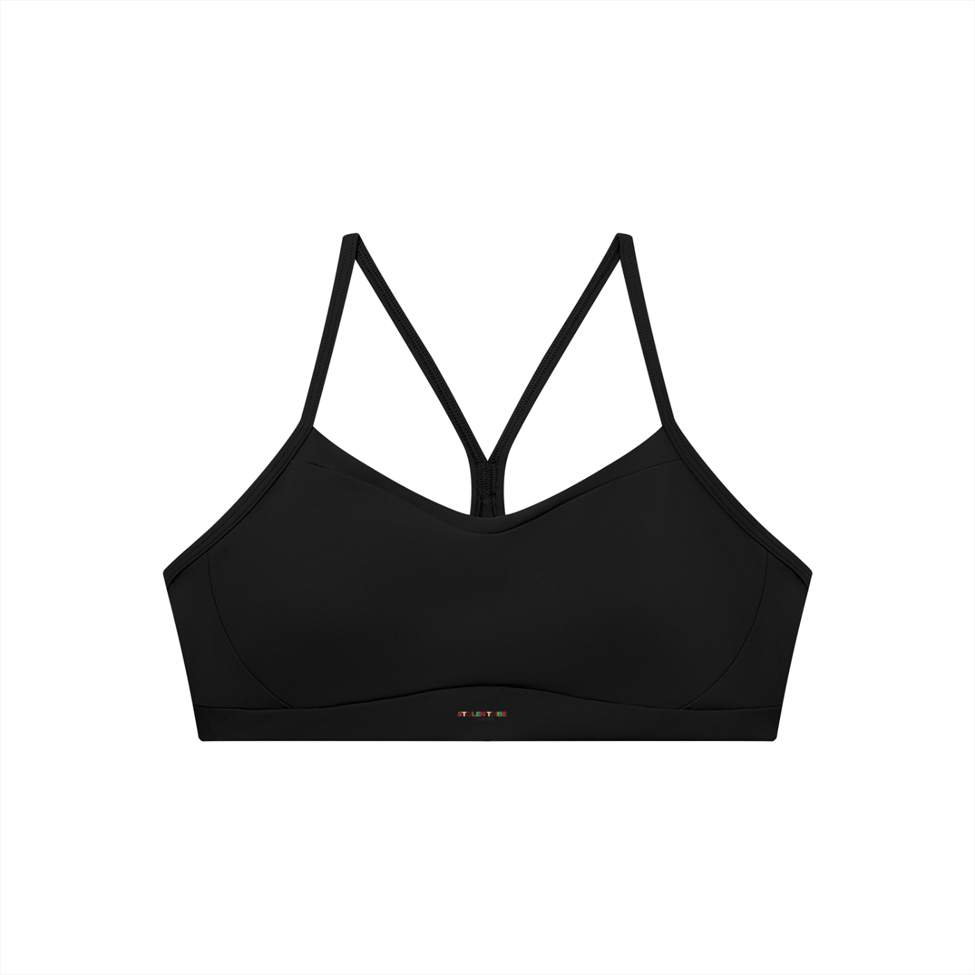 Black sports bra with thin straps on a white background