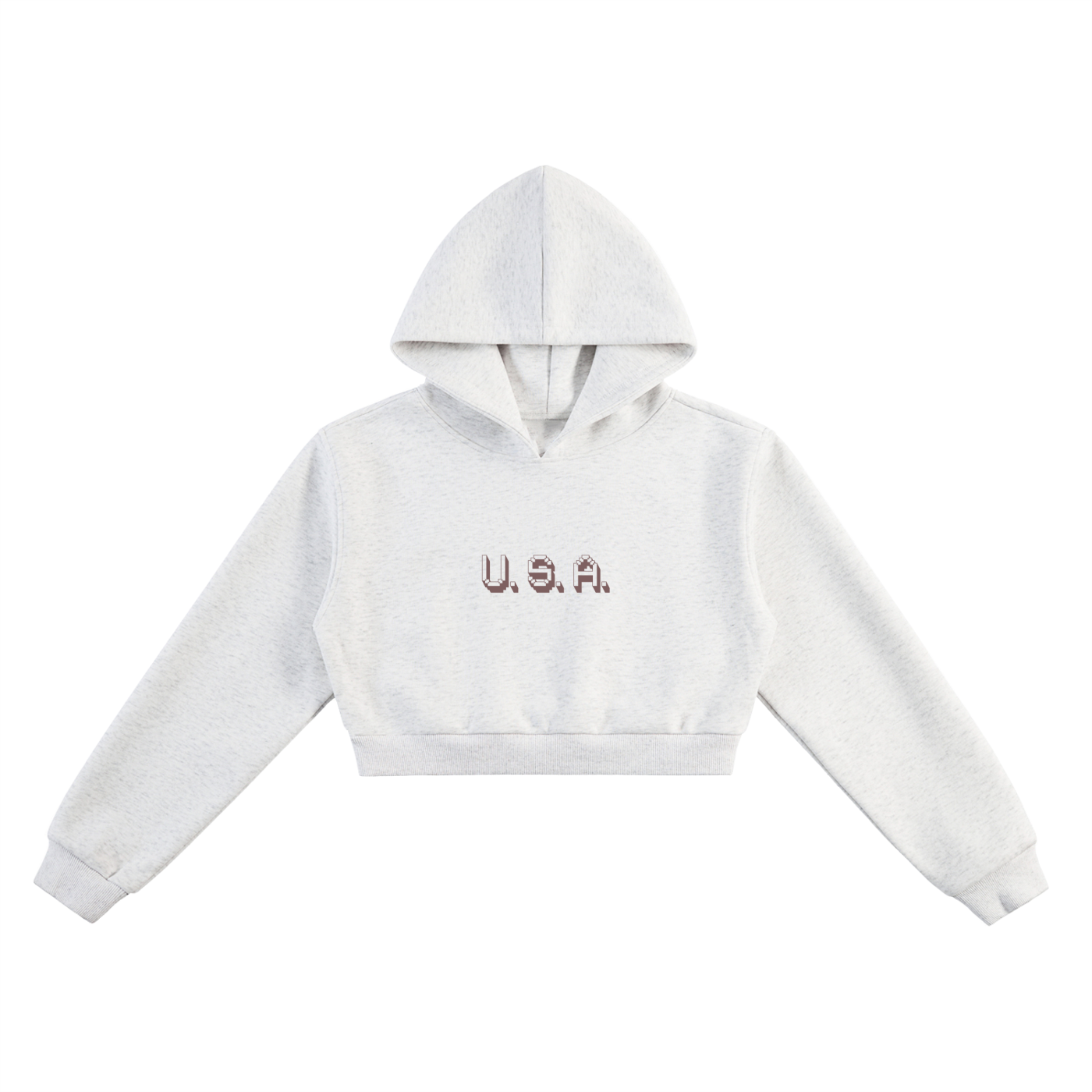 White cropped hoodie with 'U.S.A.' text on a white background