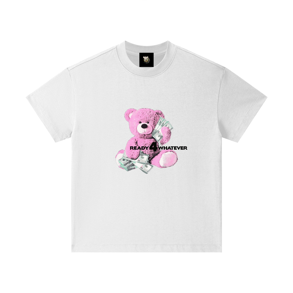 White t-shirt with a pink teddy bear holding money and text on a white background