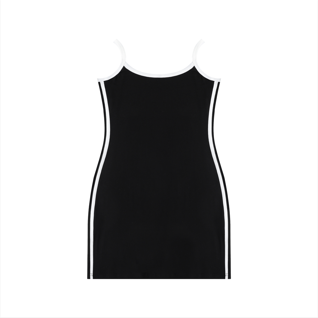Black dress with white trim on a white background